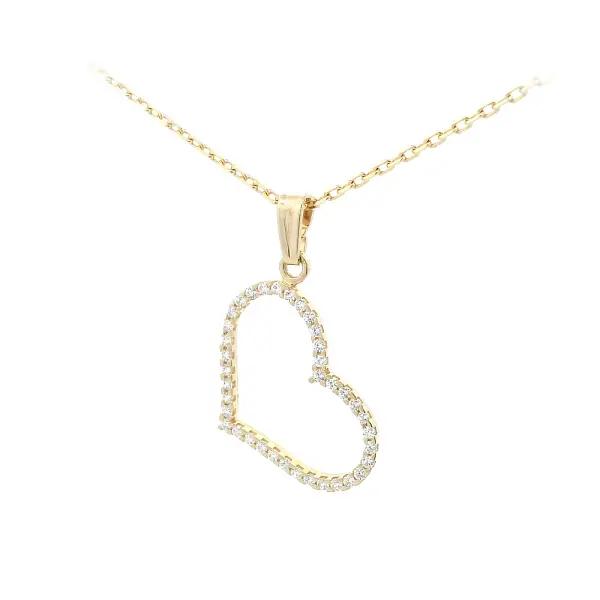 精致的金色心形吊坠，镶嵌着闪亮的锆石