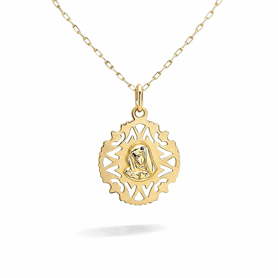 金质圣母玛利亚吊坠（装饰花纹边框）