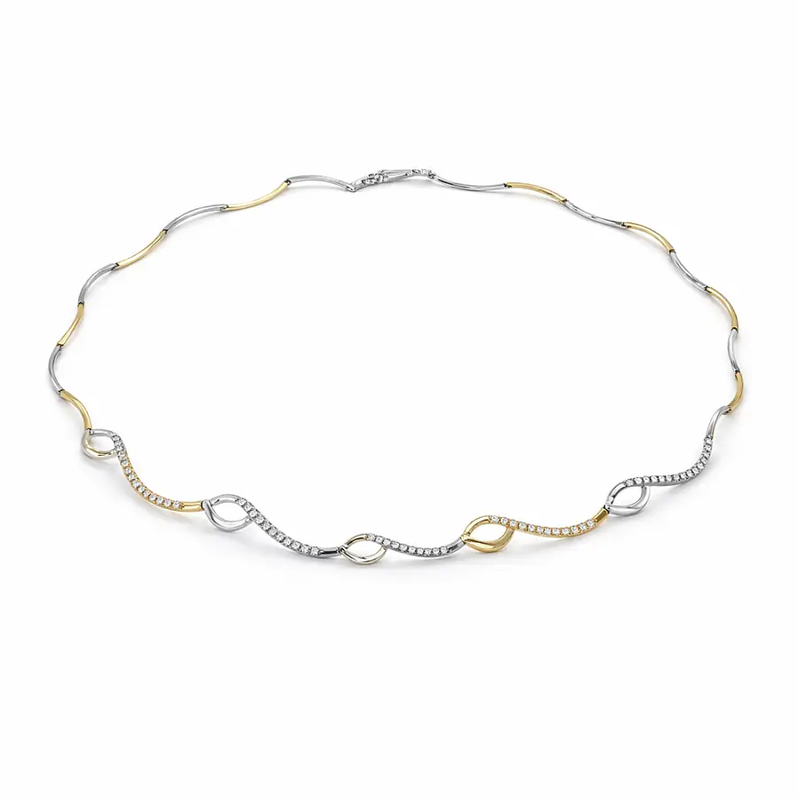 双色黄金项链，镶嵌锆石