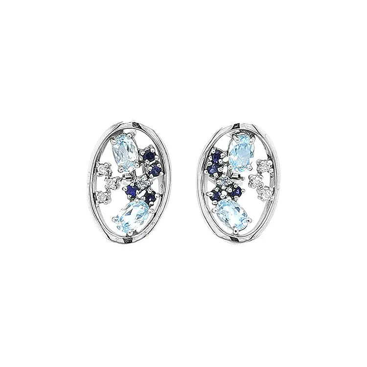 镶海蓝宝石、蓝宝石和钻石的黄金耳环